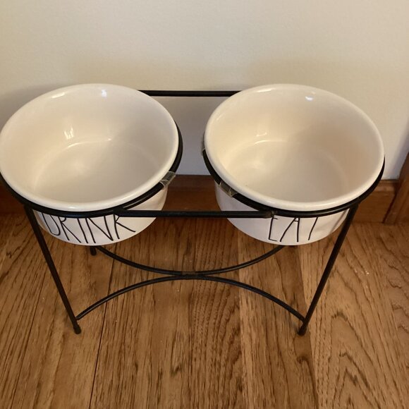 Rae Dunn Eat and Drink Dog Bowls Raised Pet Feeder Ivory Ceramic Dishwasher Safe - Picture 3 of 4